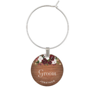 Burgundy and Blush Floral Rustic Groom Wedding Wine Charm