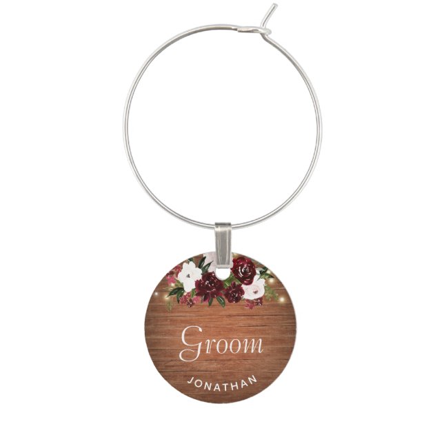 Burgundy and Blush Floral Rustic Groom Wedding Wine Charm (Front)