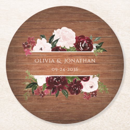 Burgundy and Blush Floral Rustic Wedding Round Paper Coaster