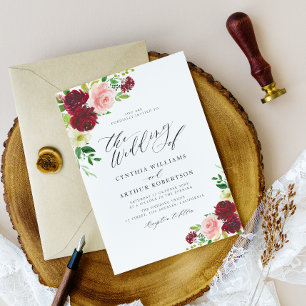 burgundy and blush floral script wedding invitation