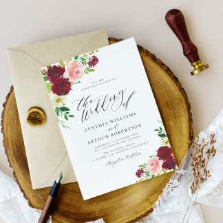 burgundy and blush floral script wedding invitation