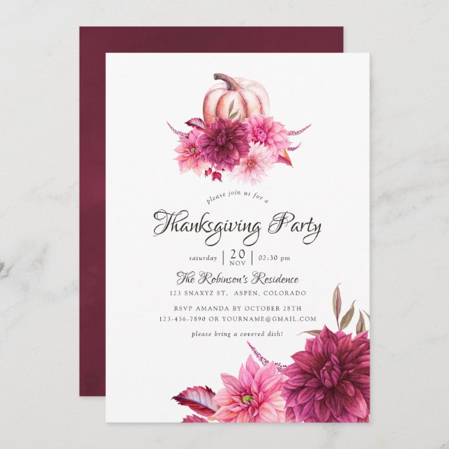 Burgundy and Blush Floral Thanksgiving Party Invitation (Front/Back)