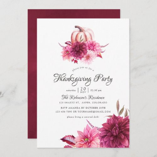 Burgundy and Blush Floral Thanksgiving Party Invitation