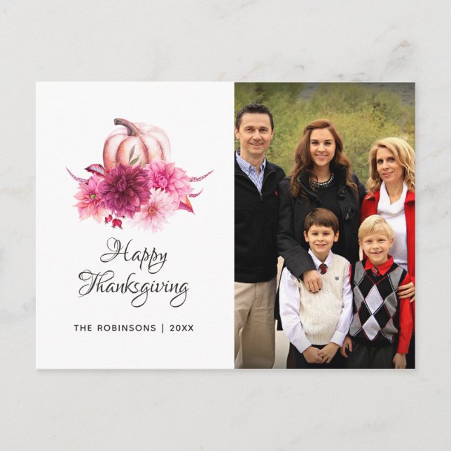 Burgundy and Blush Floral Thanksgiving photo Holiday Postcard (Front)