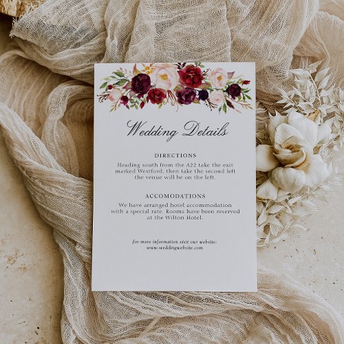 burgundy and blush floral wedding details card
