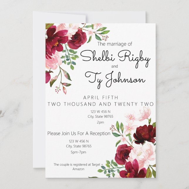 Burgundy and Blush Floral Wedding Invitation (Front)