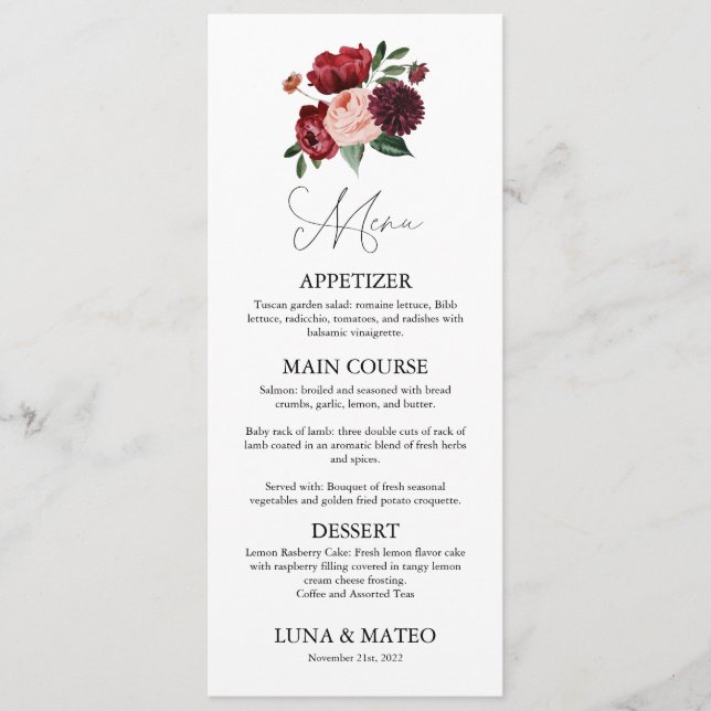 Burgundy and Blush Floral Wedding Menu (Front)
