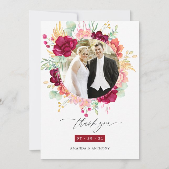 Burgundy and Blush Floral Wedding Photo Collage Thank You Card (Front)