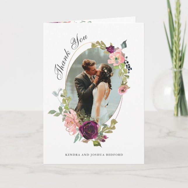 Burgundy and Blush Floral Wedding Photo Thank You Card (Front)