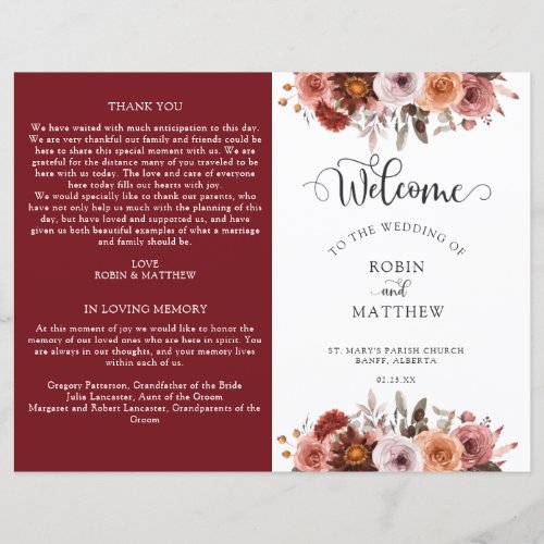 Burgundy and Blush Floral Wedding Program