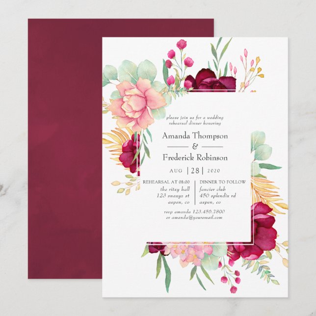 Burgundy and Blush Floral Wedding Rehearsal Dinner Invitation (Front/Back)