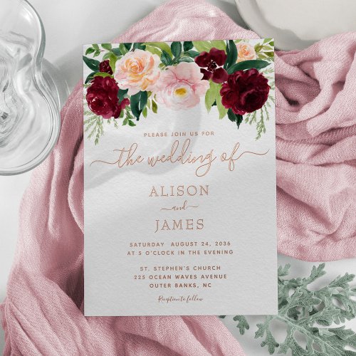 Burgundy and Blush Floral Wedding Rose Gold Foil Invitation
