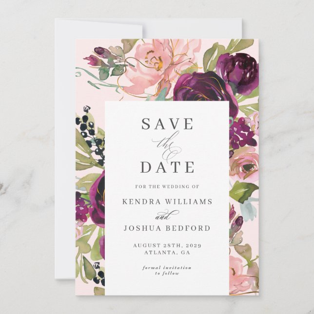 Burgundy and Blush Floral Wedding Save the Date (Front)