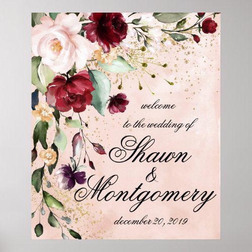 Burgundy and Blush Floral Wedding Welcome Poster