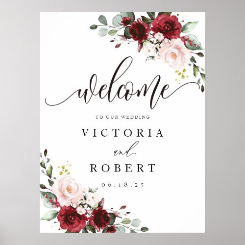 Burgundy and Blush Floral Wedding Welcome Sign