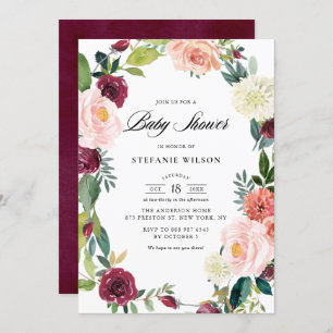 Burgundy and Blush Floral Wreath Fall Baby Shower Invitation