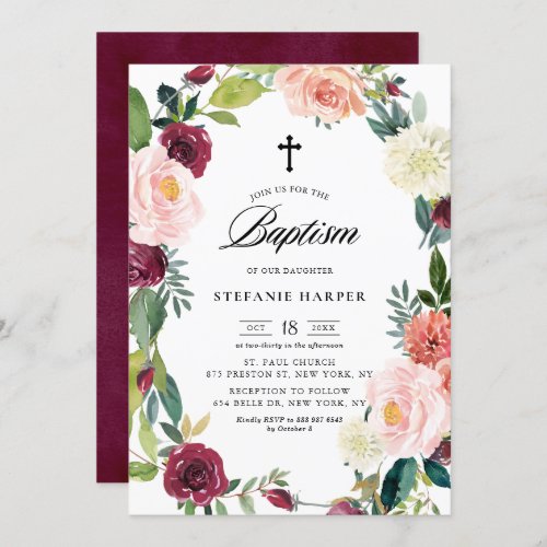 Burgundy and Blush Floral Wreath Fall Baptism Invitation