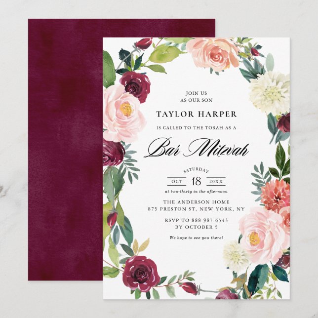 Burgundy and Blush Floral Wreath Fall Bar Mitzvah Invitation (Front/Back)