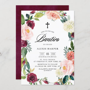 Burgundy and Blush Floral Wreath Fall Bautizo Invitation