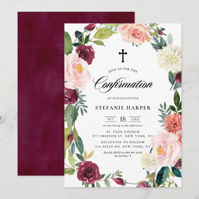 Burgundy and Blush Floral Wreath Fall Confirmation Invitation (Front/Back)