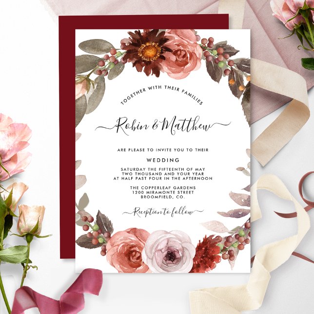 Burgundy and Blush Floral Wreath Wedding Invitation (Creator Uploaded)