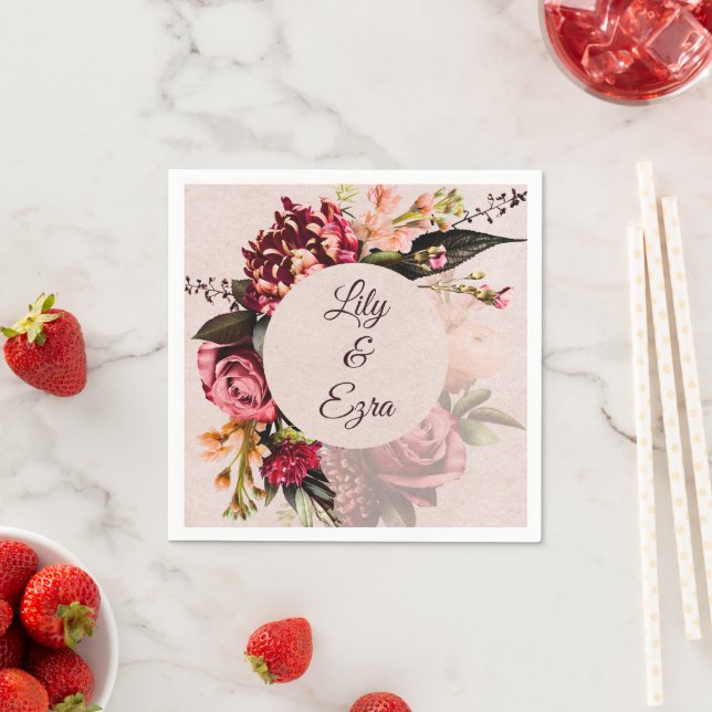 Burgundy and Blush Florals Custom Fall Wedding  Napkins (Insitu)