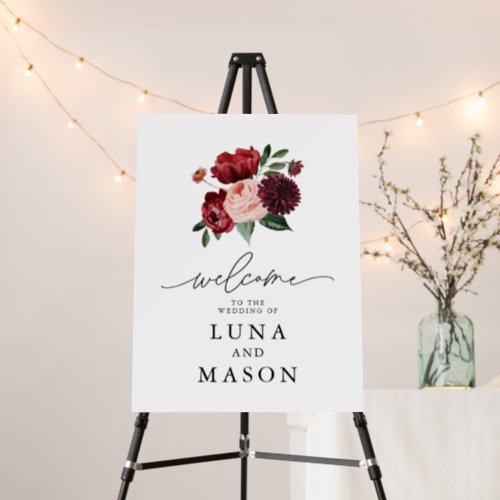 Burgundy and Blush Flower Wedding Welcome Sign