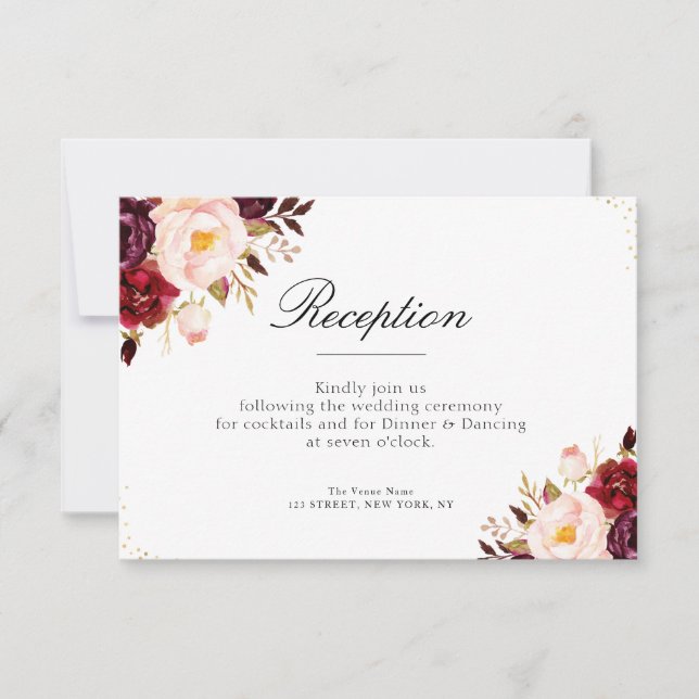 burgundy and blush flowers wedding reception card (Front)
