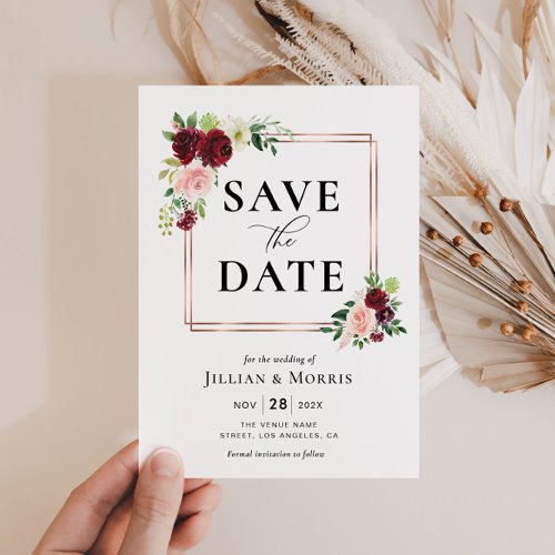 burgundy and blush frame save the date invitation