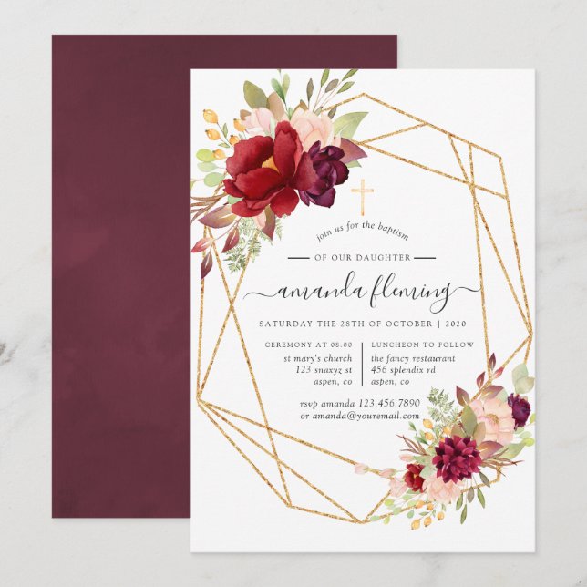 Burgundy and Blush Geometric Baptism/Christening Invitation (Front/Back)