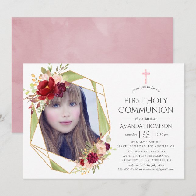 Burgundy and Blush Geometric First Holy Communion Invitation (Front/Back)