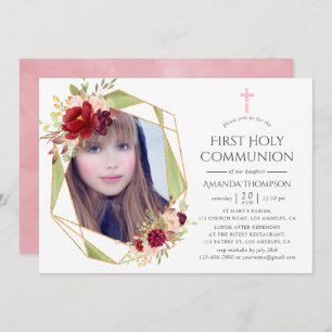 Burgundy and Blush Geometric First Holy Communion Invitation