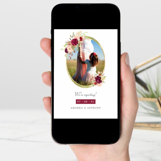 Burgundy and Blush Geometric Floral Pregnancy Announcement (Front Digital)