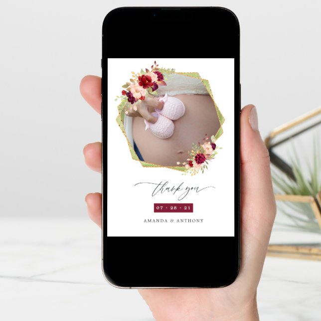 Burgundy and Blush Geometric Floral Pregnancy Announcement (Front Digital)