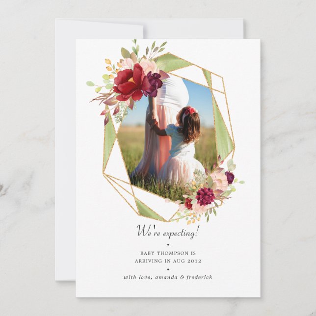 Burgundy and Blush Geometric Floral Pregnancy Announcement (Front)