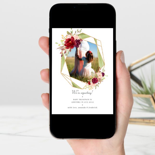 Burgundy and Blush Geometric Floral Pregnancy Announcement (Front Digital)