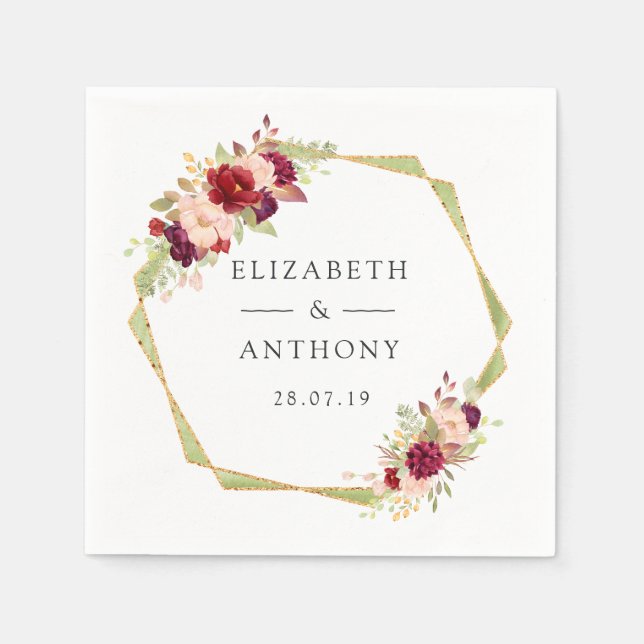 Burgundy and Blush Geometric Floral Wedding Napkins (Front)