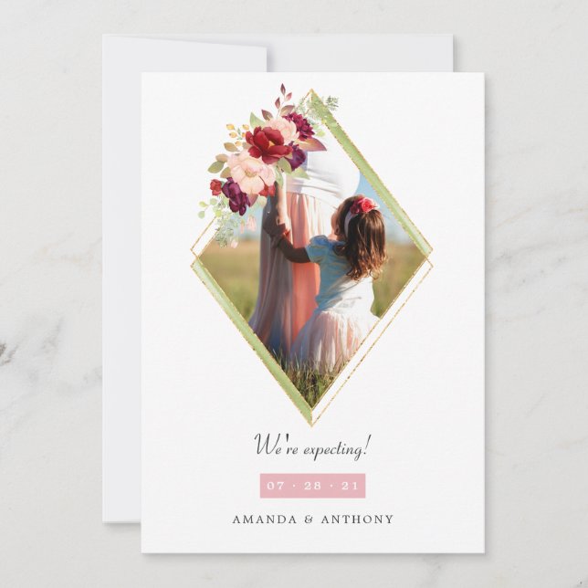 Burgundy and Blush Geometric Pregnancy Photo Announcement (Front)