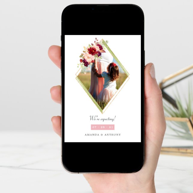 Burgundy and Blush Geometric Pregnancy Photo Announcement (Front Digital)