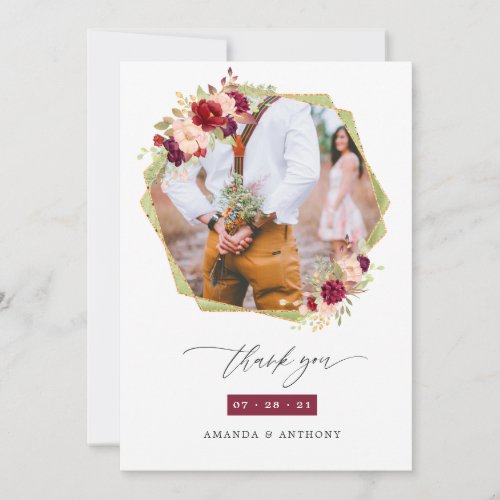 Burgundy and Blush Geometric Wedding Photo Collage Thank You Card