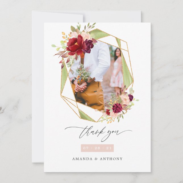 Burgundy and Blush Geometric Wedding Photo Thank You Card (Front)