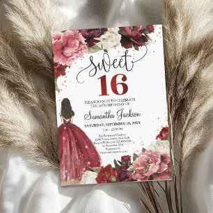 Burgundy and blush maroon flowers princess dress invitation