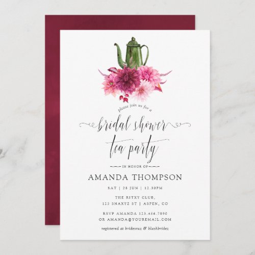 Burgundy and Blush Pink Bridal Shower Tea Party Invitation