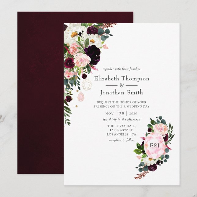 Burgundy and Blush Pink Diamond Monogram Wedding Invitation (Front/Back)
