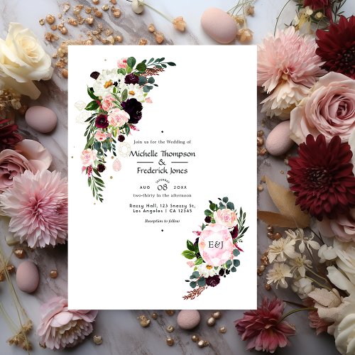 Burgundy and Blush Pink Diamond Monogram Wedding Invitation