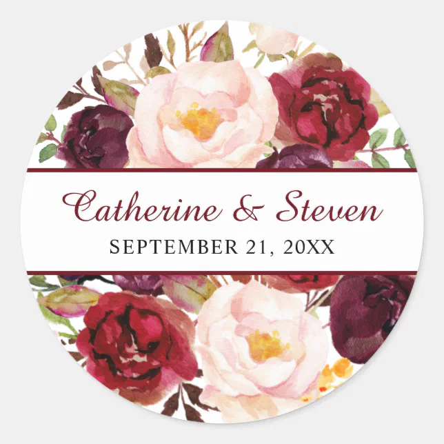 Burgundy and Blush Pink Elegant Floral Wedding Classic Round Sticker ...