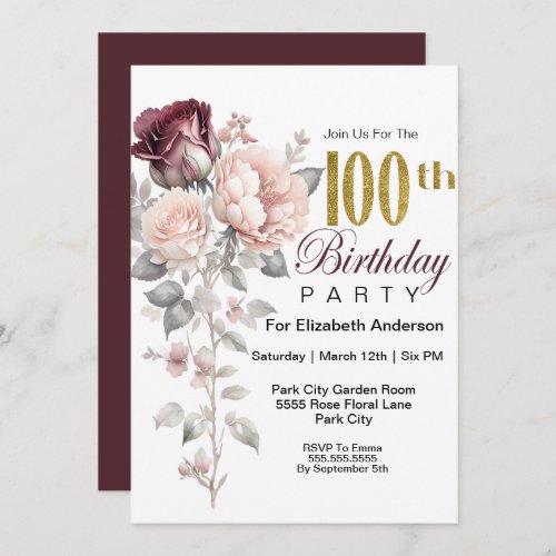 Burgundy and Blush Pink Floral 100th Birthday Invitation