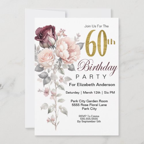 Burgundy and Blush Pink Floral 60th Birthday  Invitation