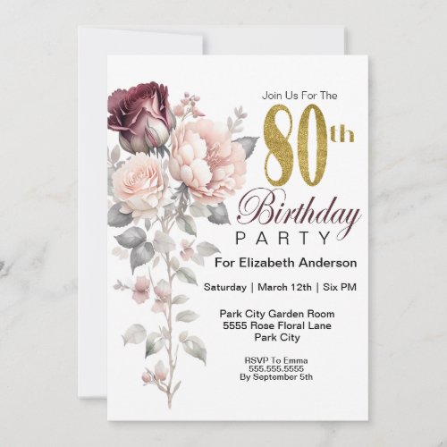 Burgundy and Blush Pink Floral 80th Birthday  Invitation