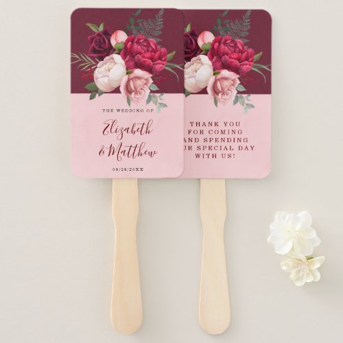 Burgundy and Blush Pink Floral Bouquet Wedding Hand Fan